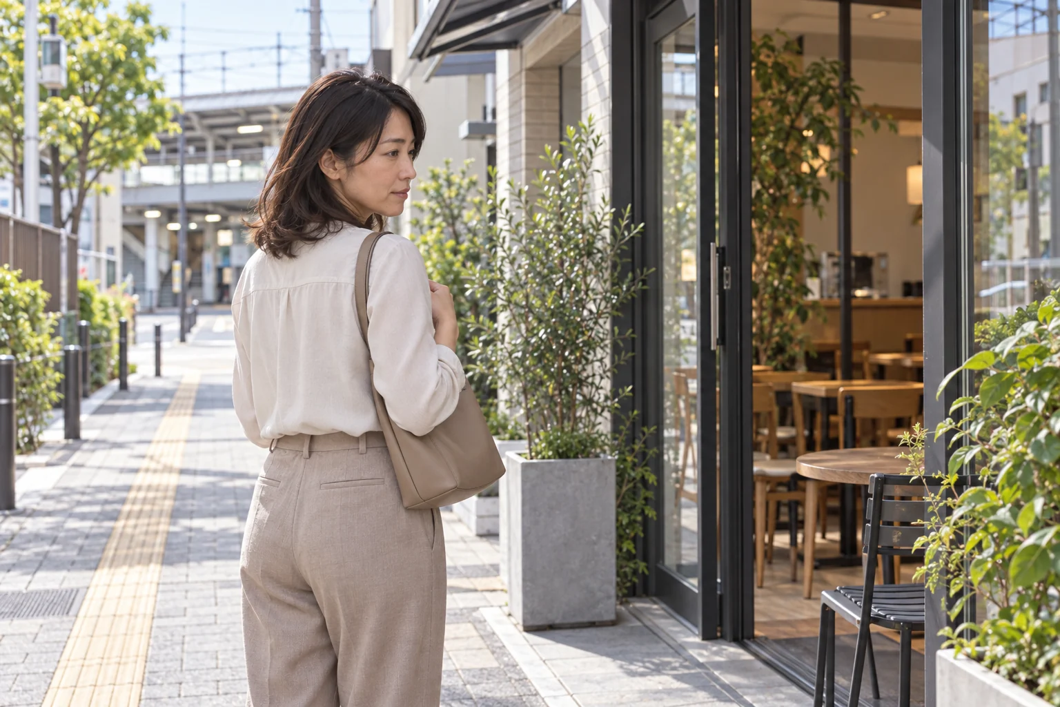 駅近くの公共のカフェ入口と帰路を昼間に確かめる架空の日本人女性