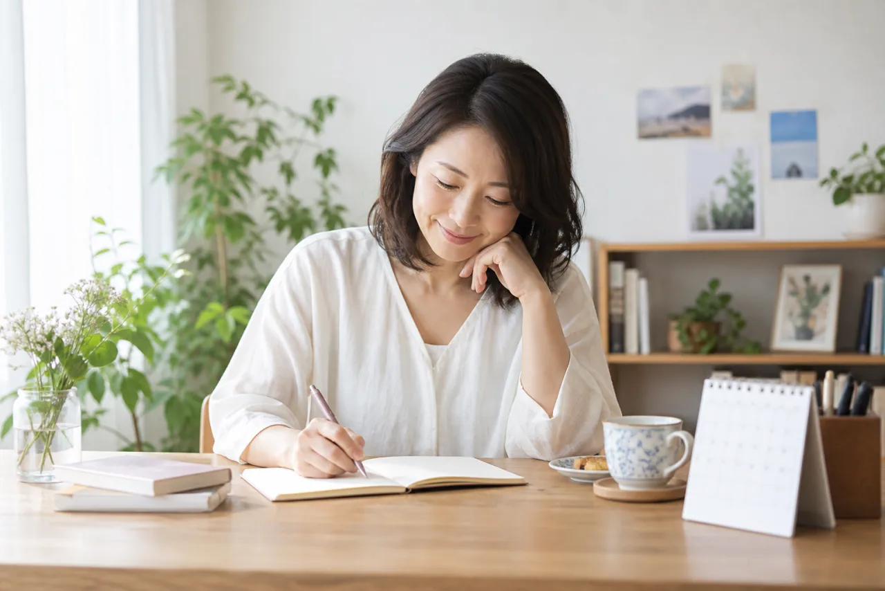 日本人のアラフォー女性がノートに希望する結婚後の暮らしを書き出している様子