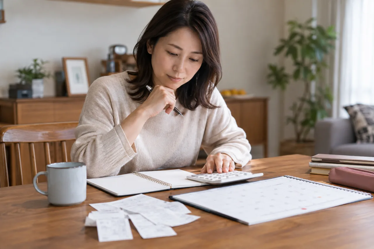 日本人女性が婚活に使える時間と費用をノートと電卓で確認している様子
