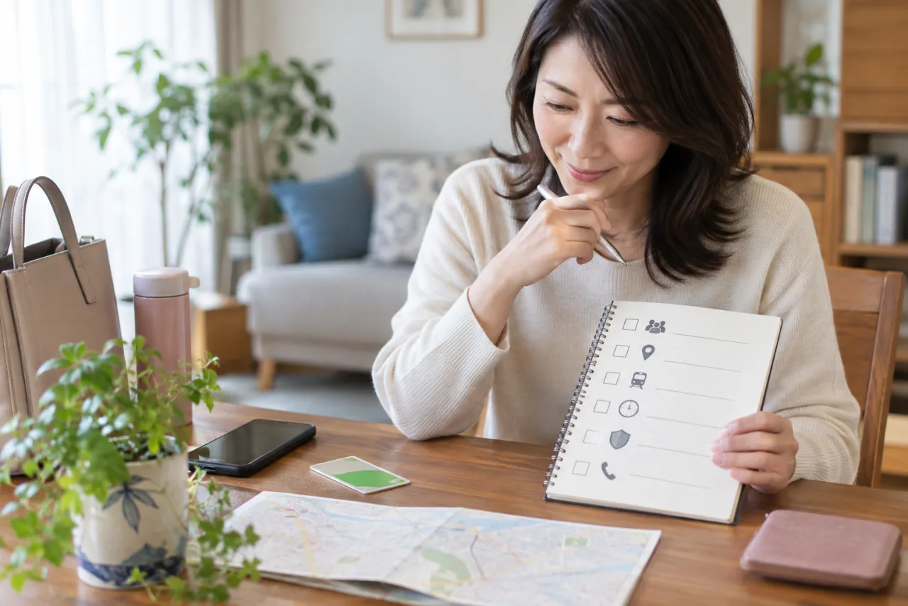 日本人女性が婚活の初回面談に向けて場所と時間と安全確認をノートに整理している様子