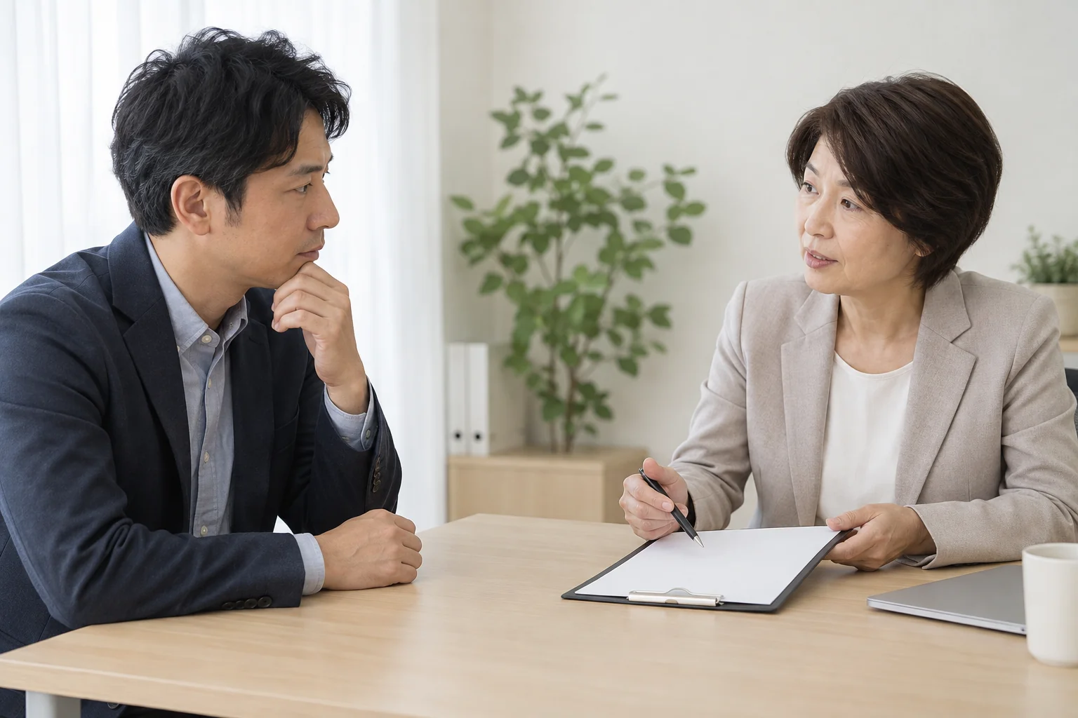 40代の日本人男性が相談担当者と条件を確認する