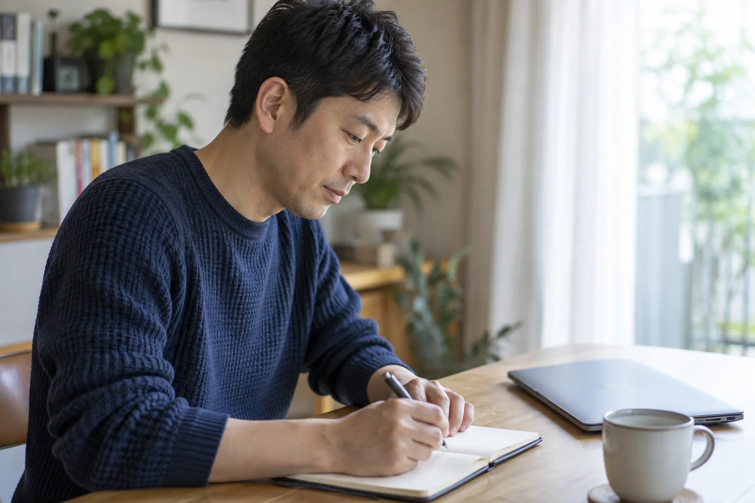 40代の日本人男性が自宅でプロフィールの内容を考える