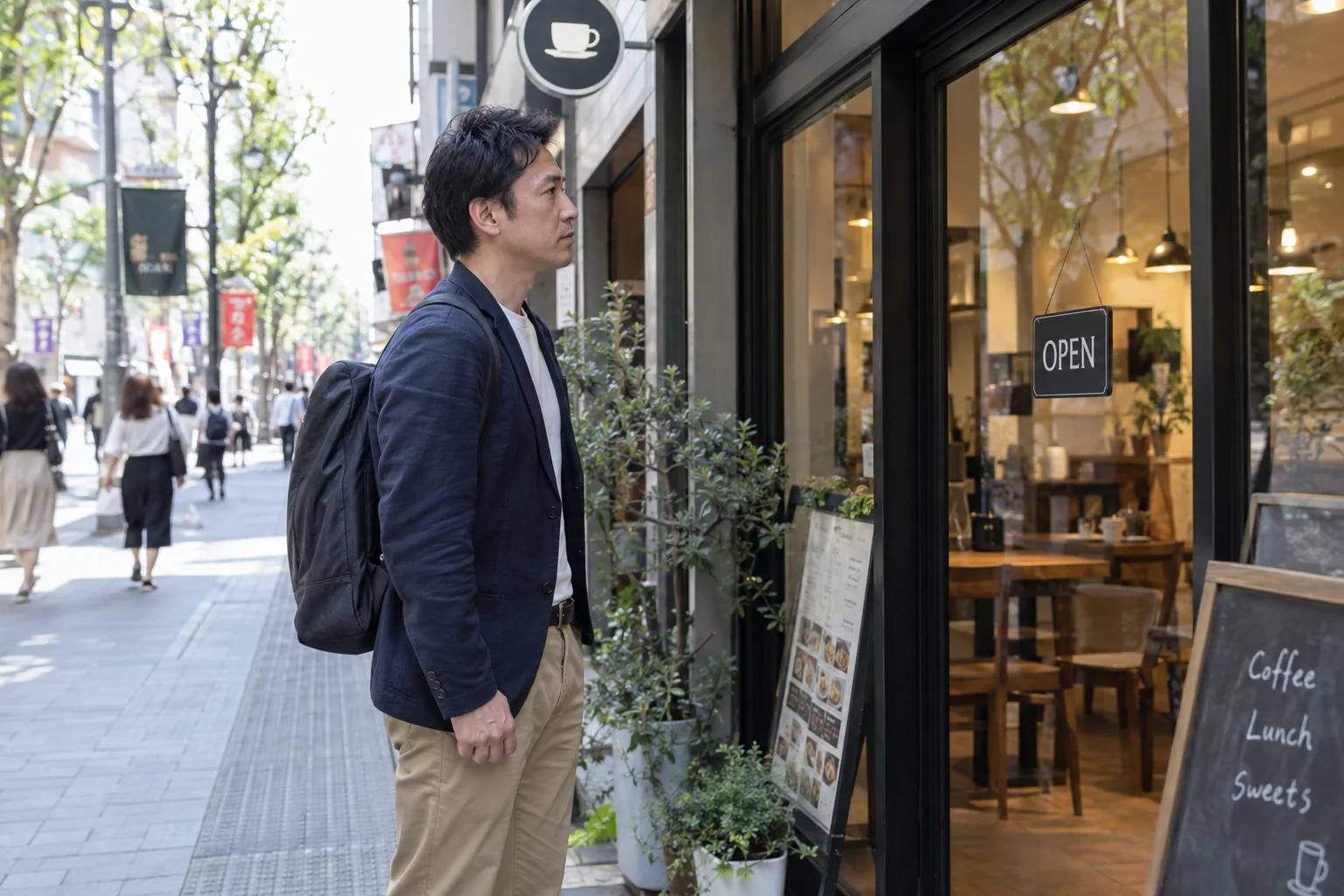40代の日本人男性が昼間の街のカフェ入口を確認する