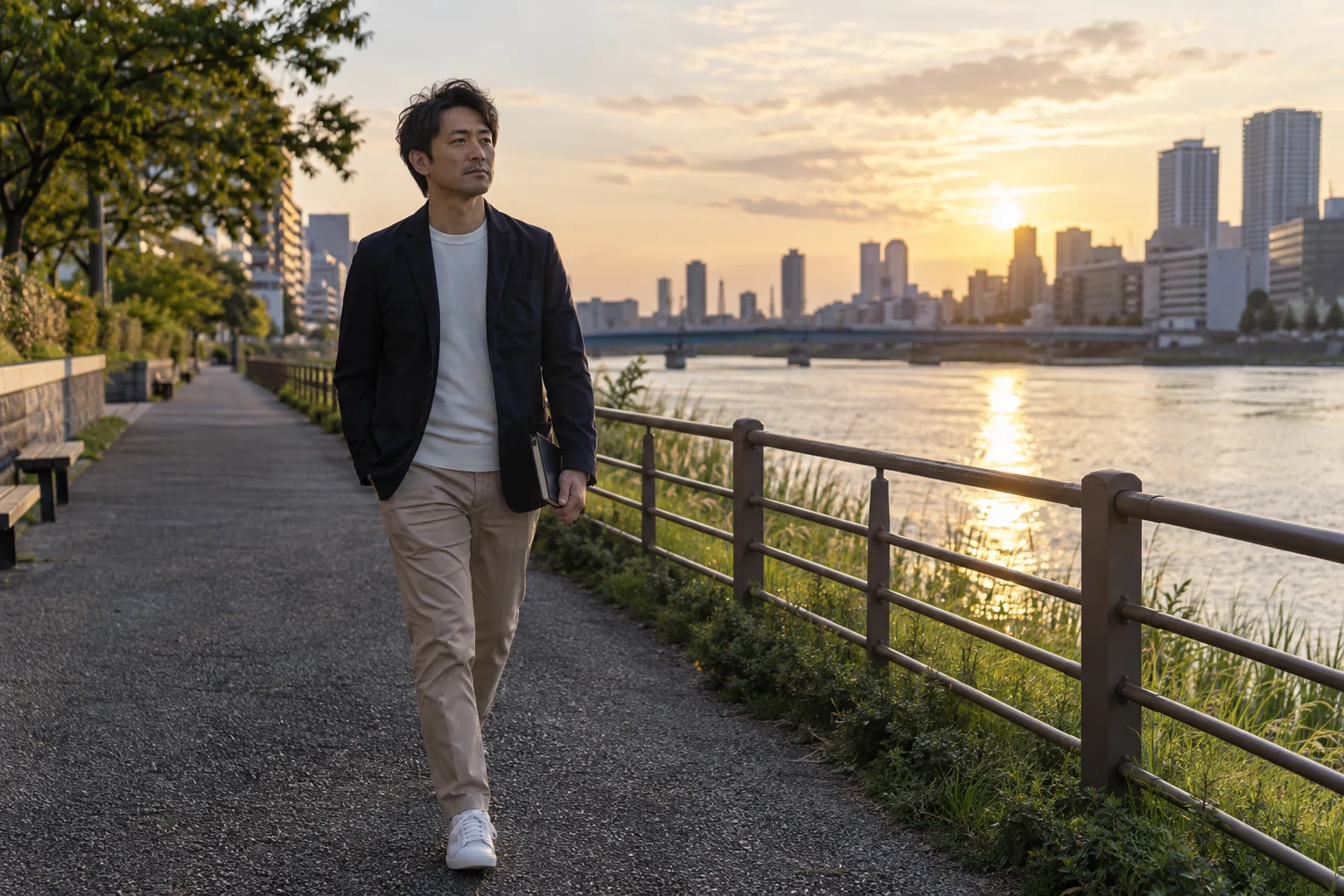 40代の日本人男性が川沿いを歩きながら振り返る