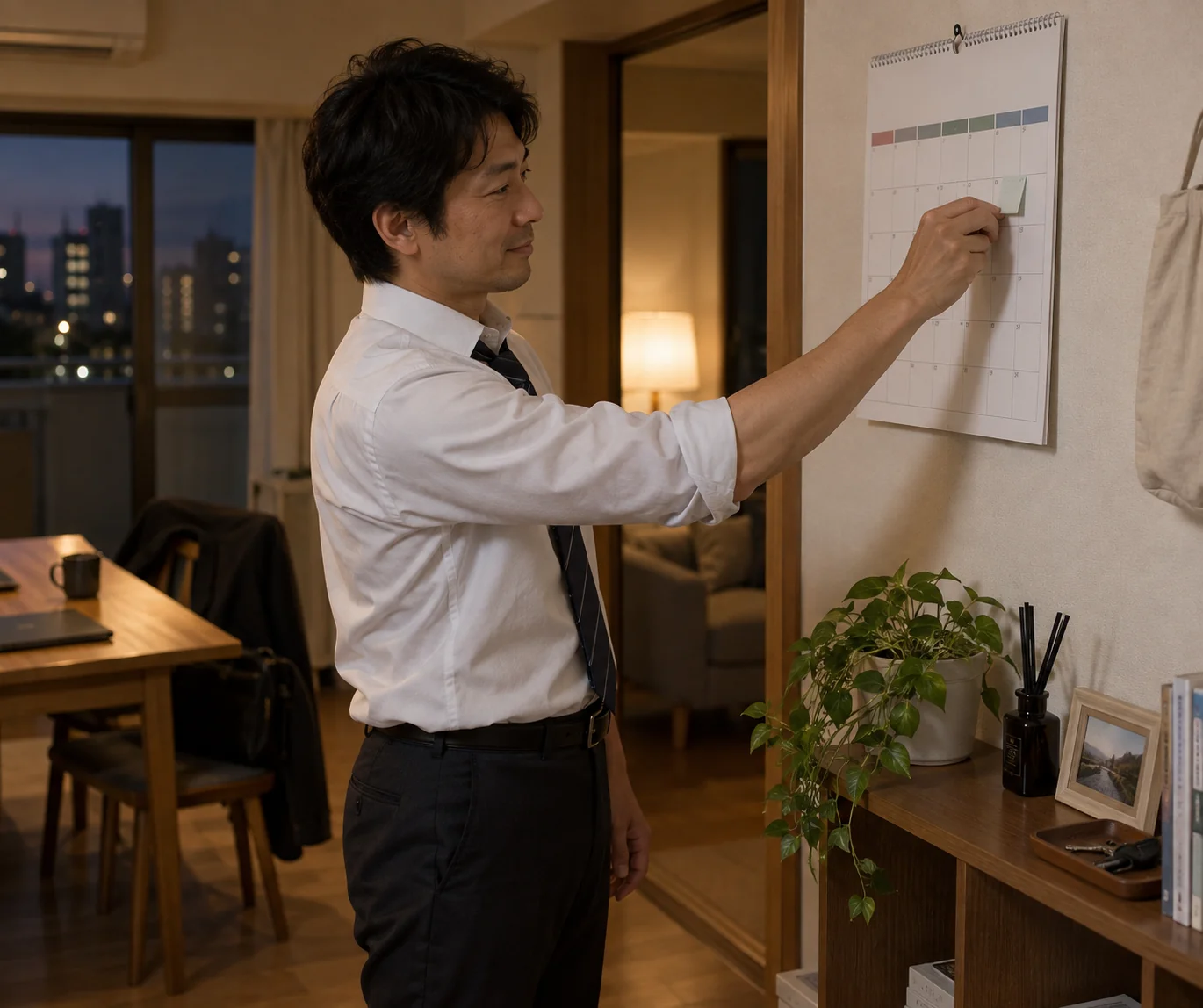 40代の日本人男性が自宅のカレンダーに予定を置く