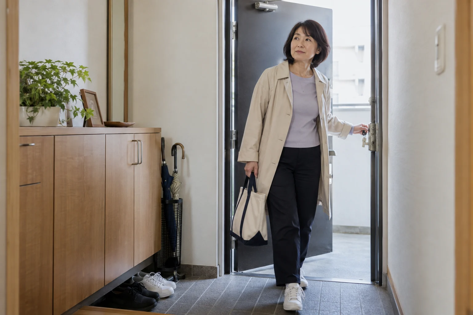 自分の住まいから外出する50代の日本人女性。今の暮らしを続ける条件を考える場面