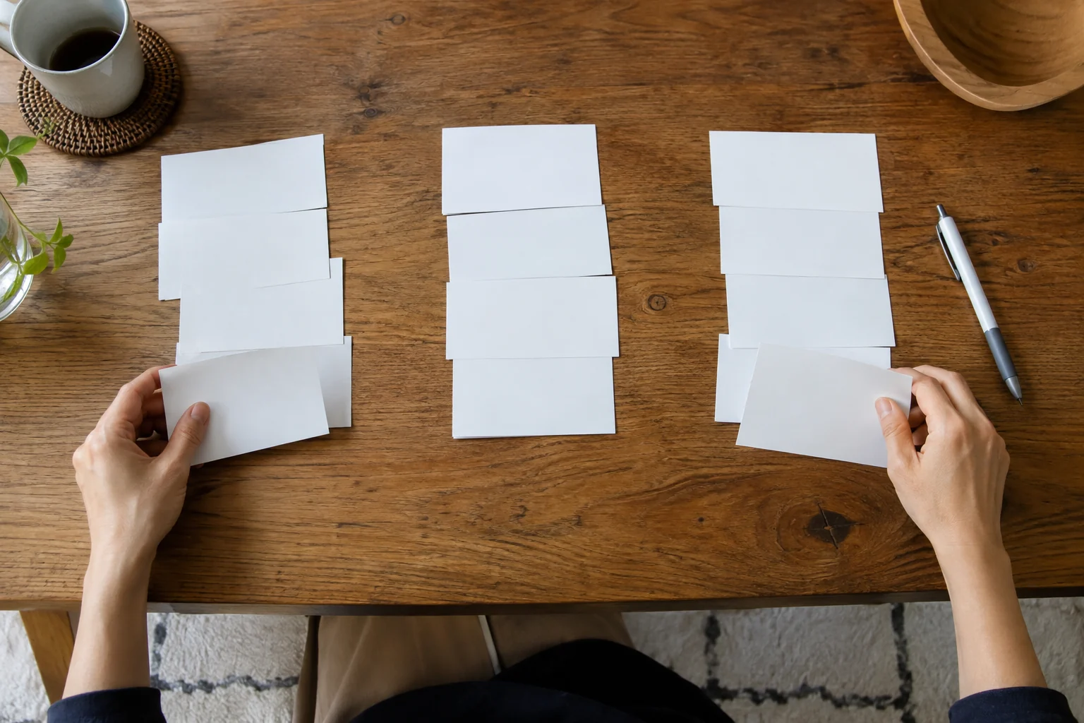 白いカードを三つのグループに分ける二つの手。譲れない、話し合える、まだ決めない条件の整理