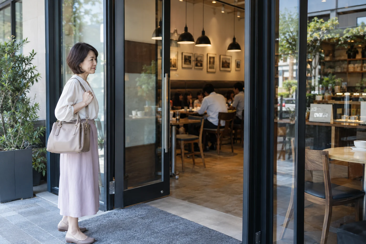 昼間の人目があるカフェの入口に立つ50代の日本人女性