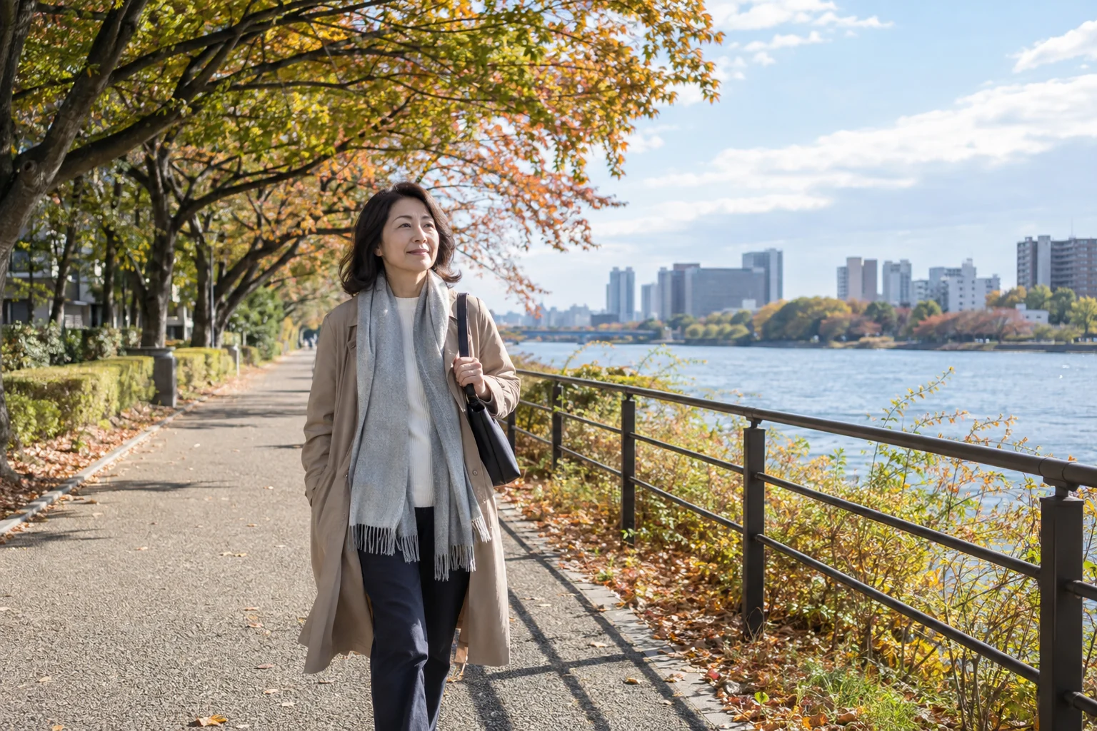 川沿いの道を一人で歩く50代の日本人女性。婚活を続けるか休むかを自分で選べる場面