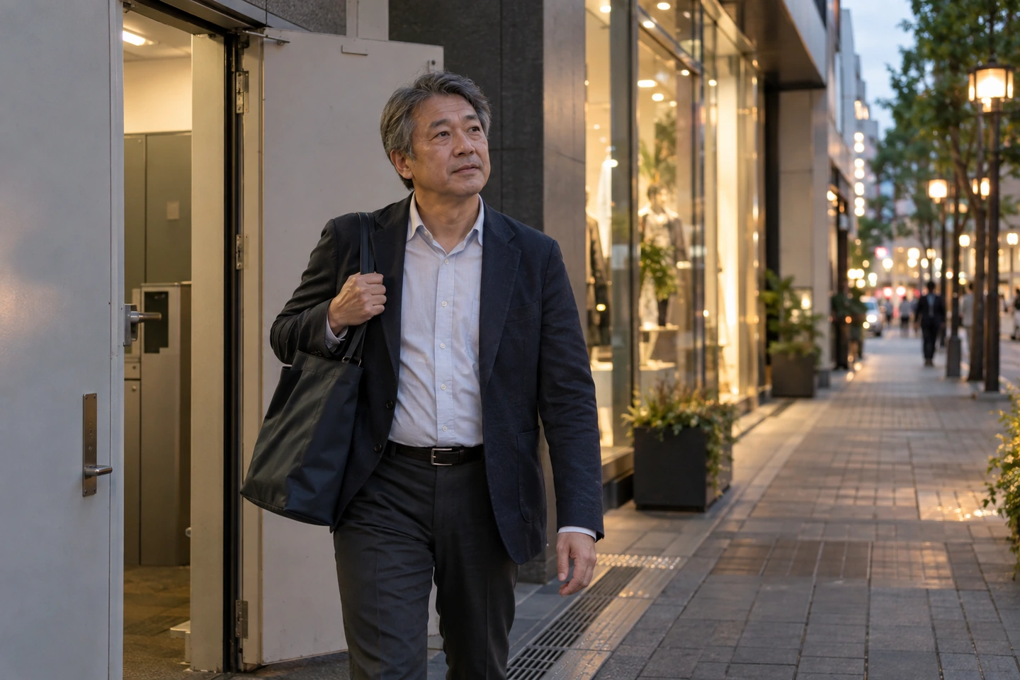 百貨店の仕事を終え、仕事用バッグを持って商店街を歩く50代の日本人男性
