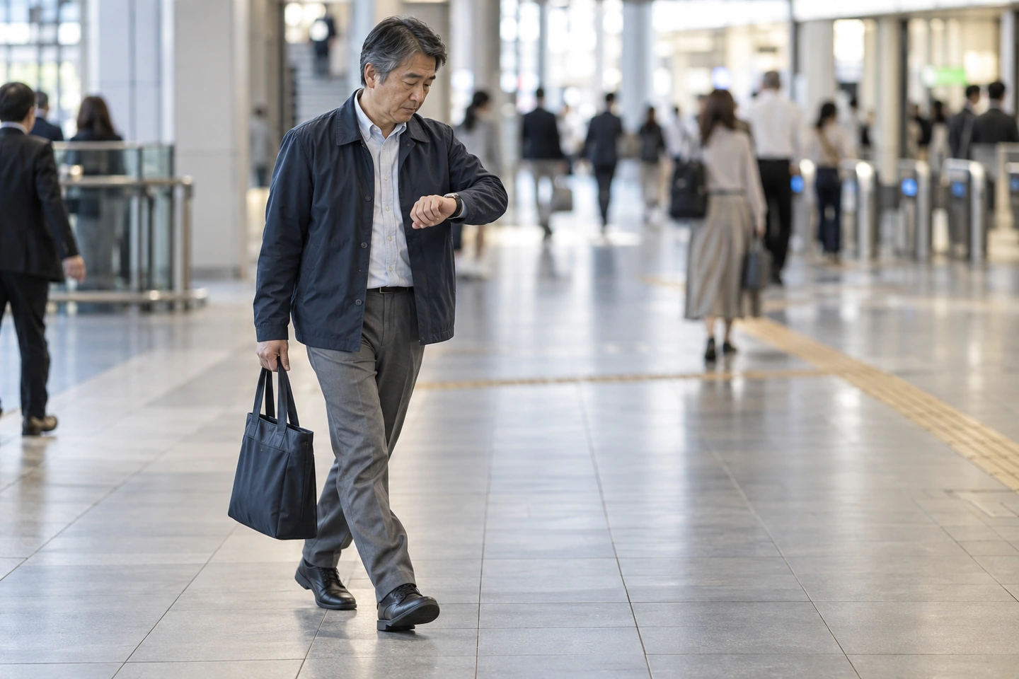 平日の駅で腕時計を見て、勤務後に使える時間を確かめる50代の日本人男性