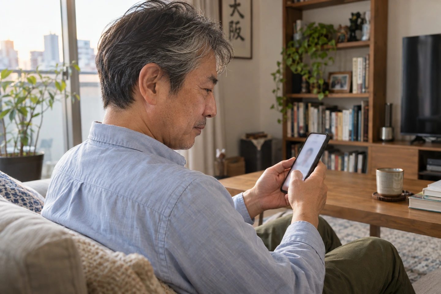 自宅でスマートフォンの婚活プロフィールを読み返す50代の日本人男性