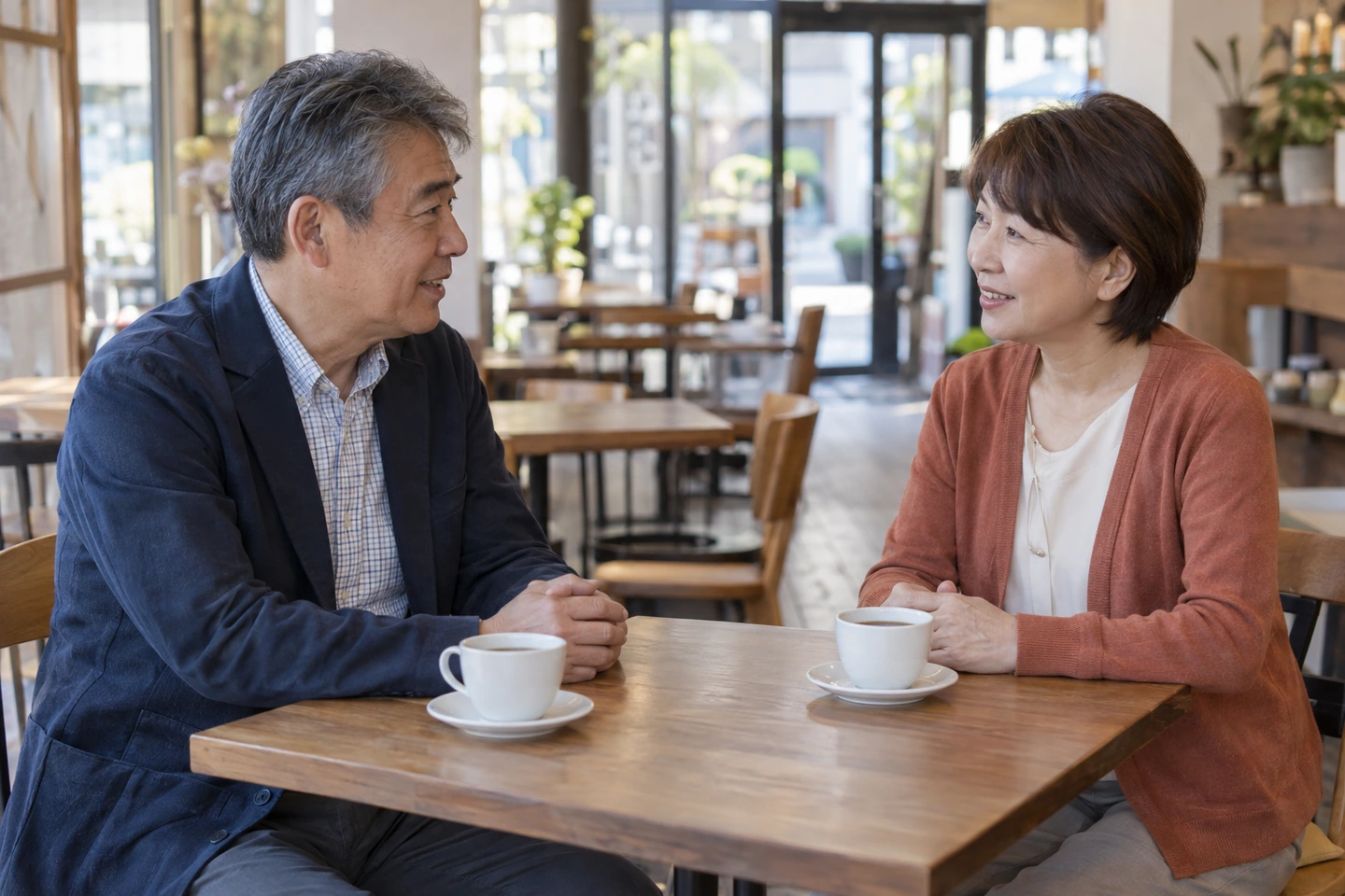 昼間のカフェで互いの話を聞きながら会話する50代の日本人男女