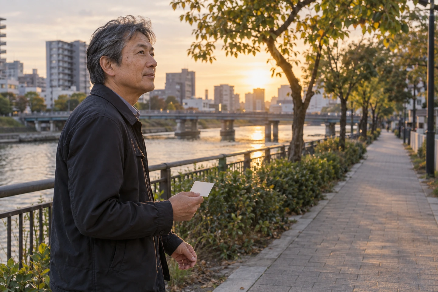 書き出した希望条件を手に、川沿いの道で次の一歩を考える50代の日本人男性