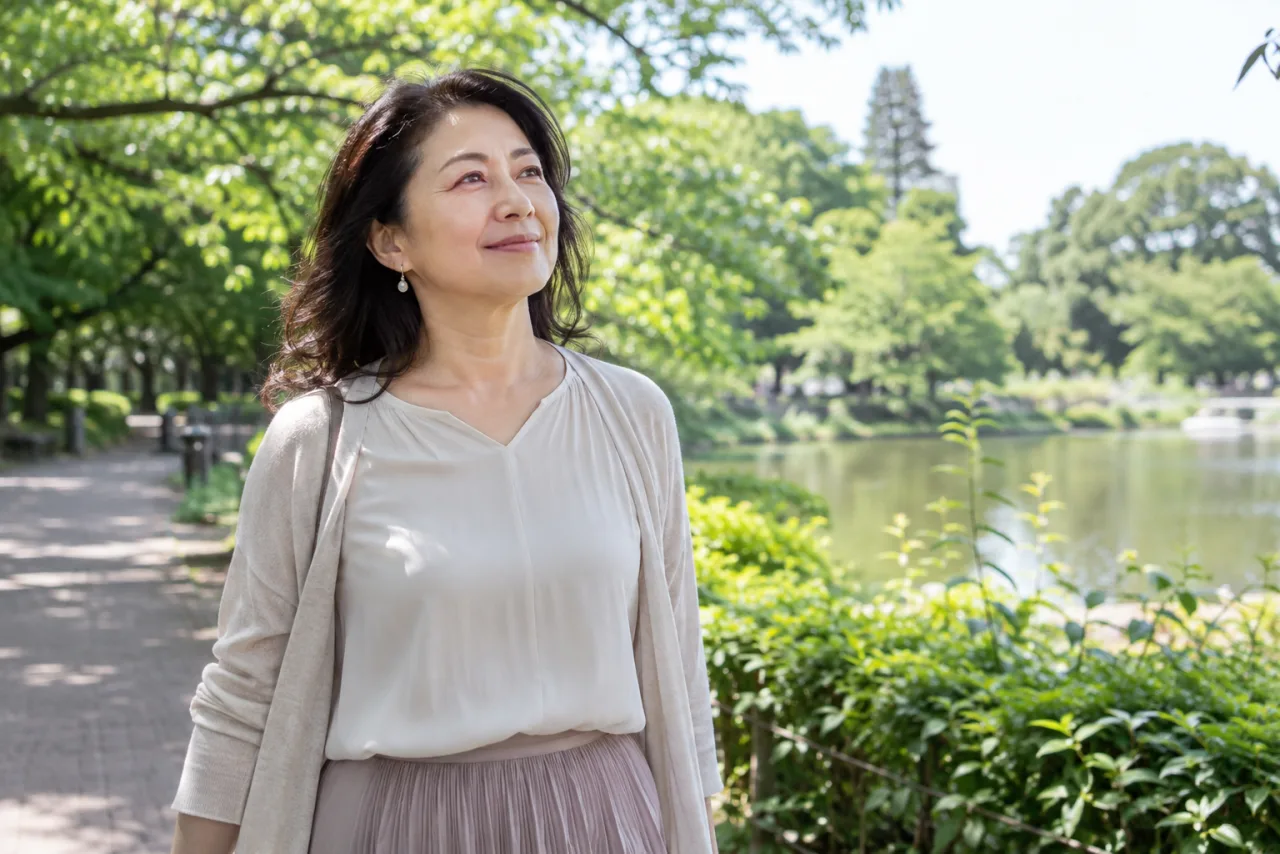 婚活後に公園で気持ちを整える50代の日本人女性