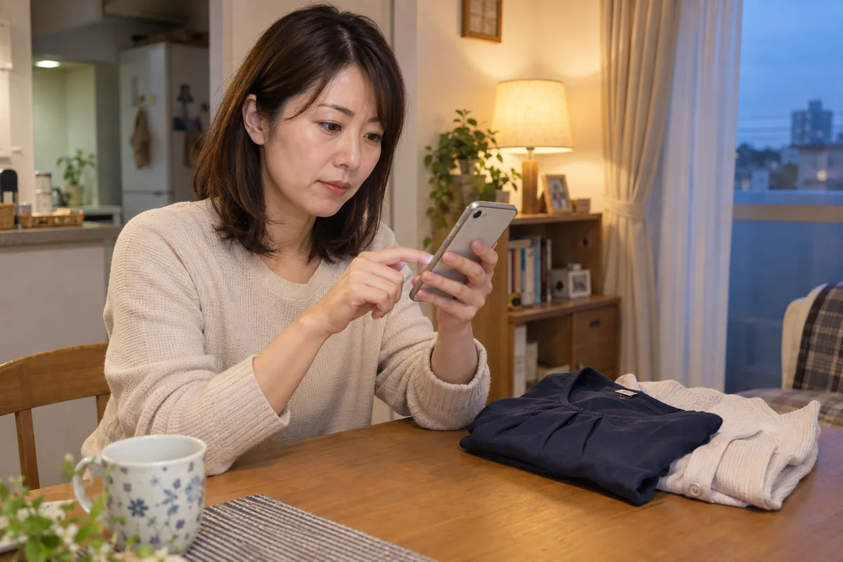 日本人女性が予約案内の服装条件をスマートフォンで確かめる編集写真