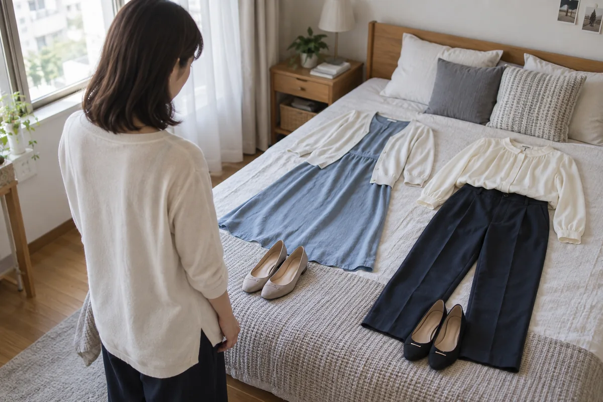 手持ちのパンツとワンピースを並べて比較する日本人女性の編集写真