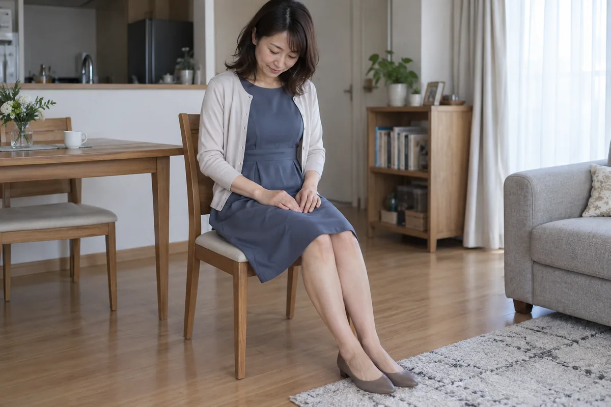 ワンピースを着て椅子に座り裾の動きを確かめる日本人女性の編集写真