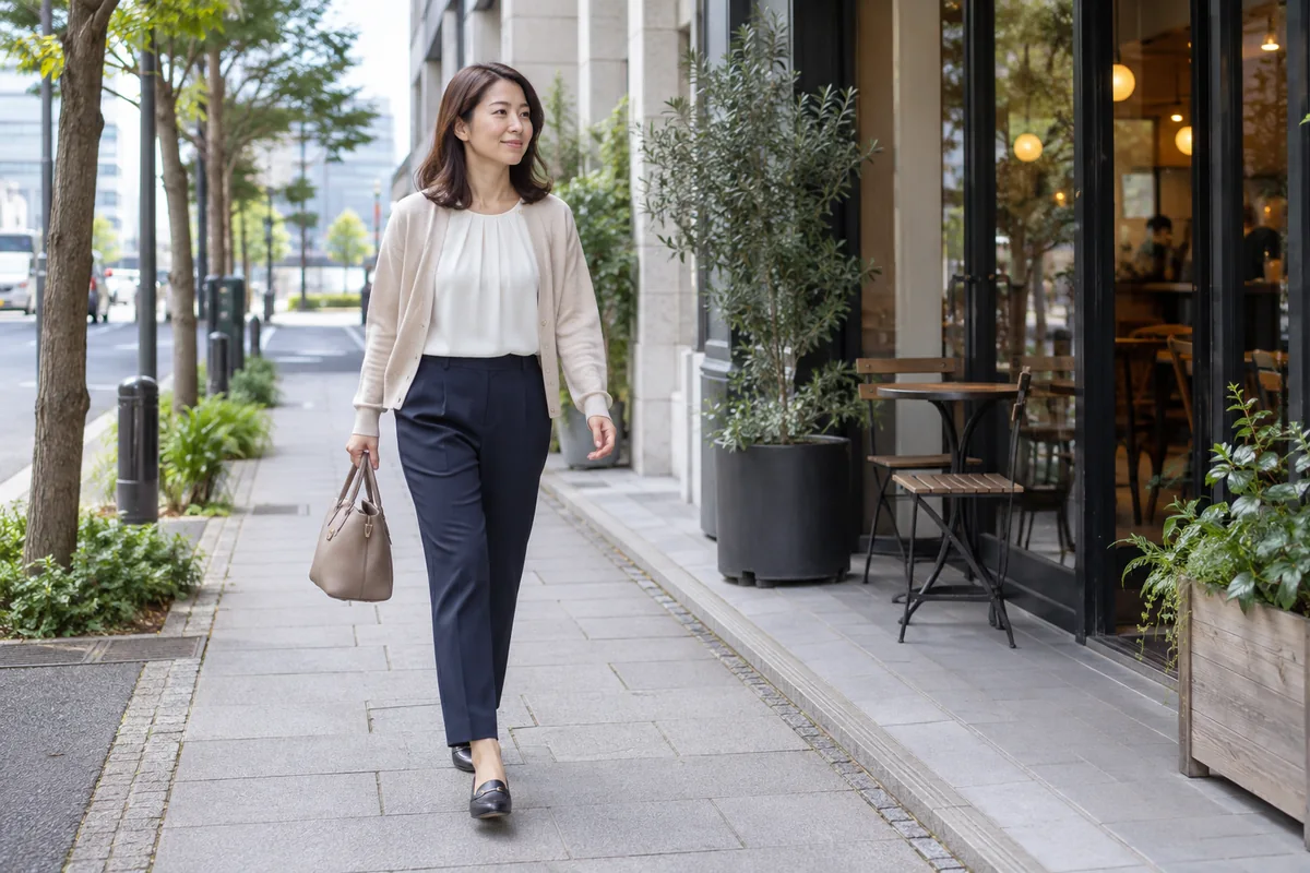 紺のパンツとブラウスでカフェへ歩く日本人女性の編集写真