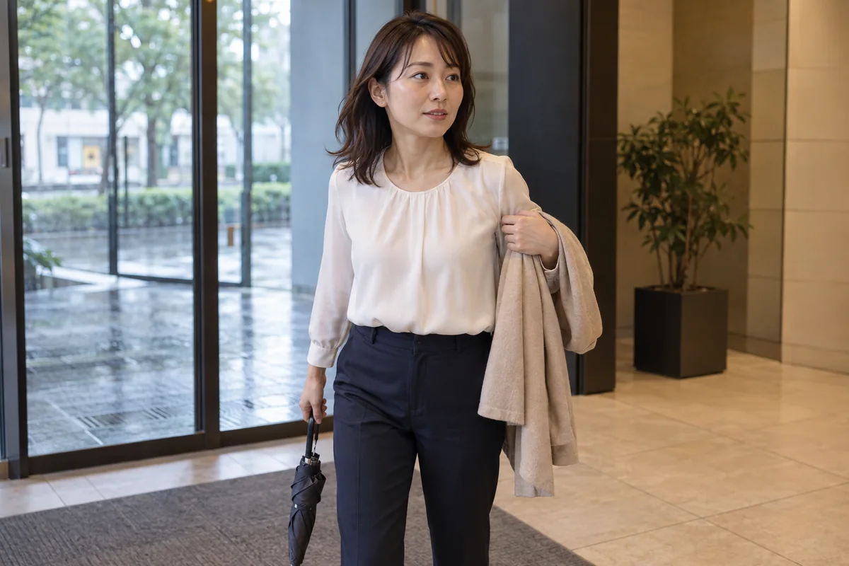 会場へ入る前に脱ぎ着できる羽織りを確認する日本人女性の編集写真