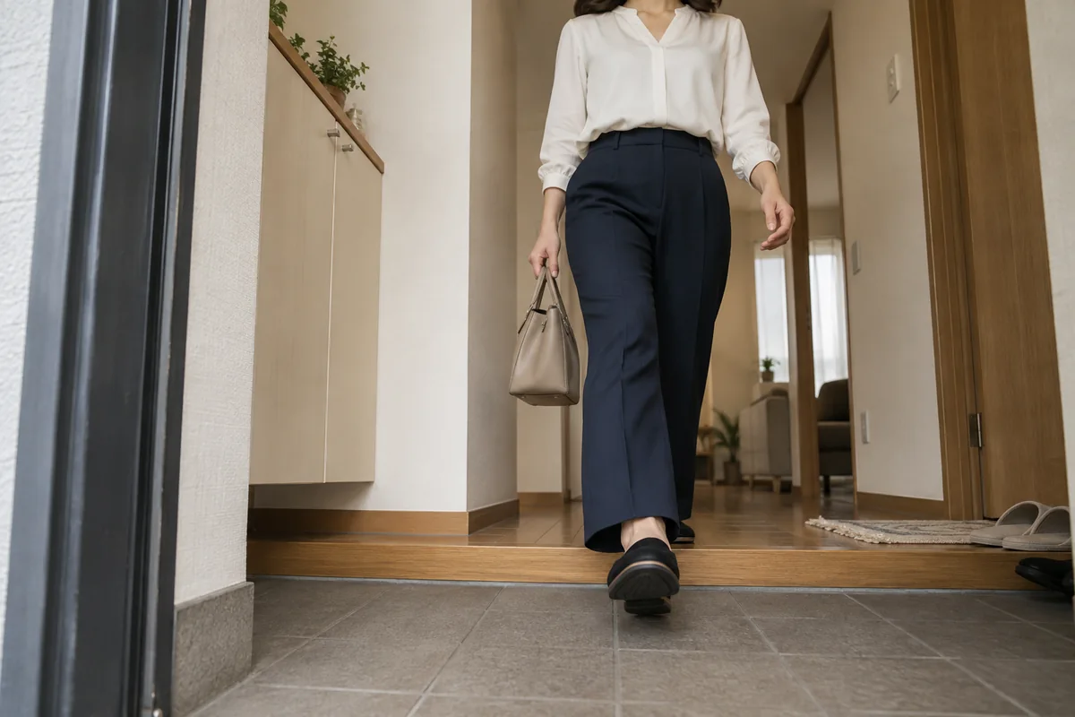 玄関から歩き靴とバッグの使いやすさを確かめる日本人女性の編集写真