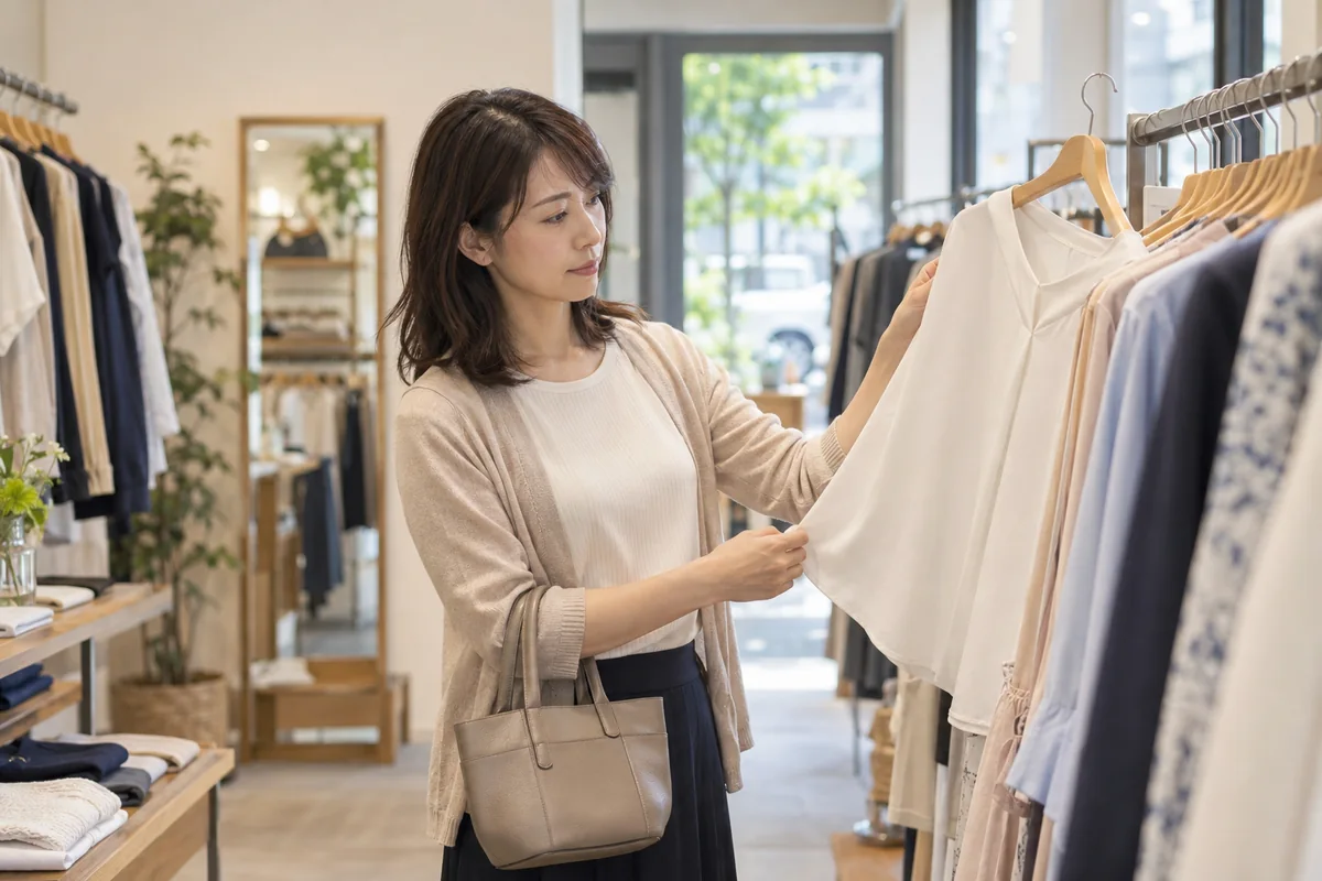店頭でブラウスを見ながら買い足す必要があるか考える日本人女性の編集写真