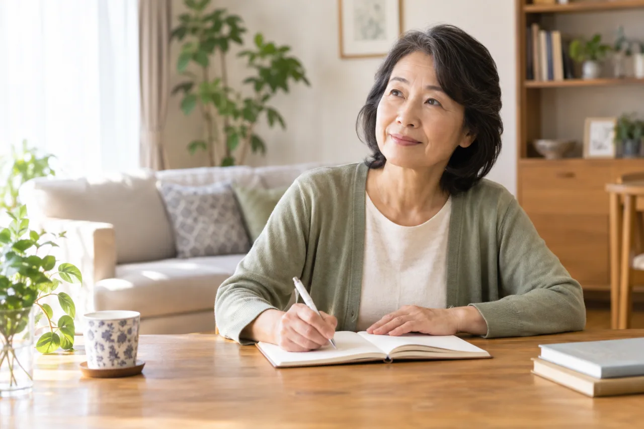 望む関係をノートに整理する60代の日本人女性