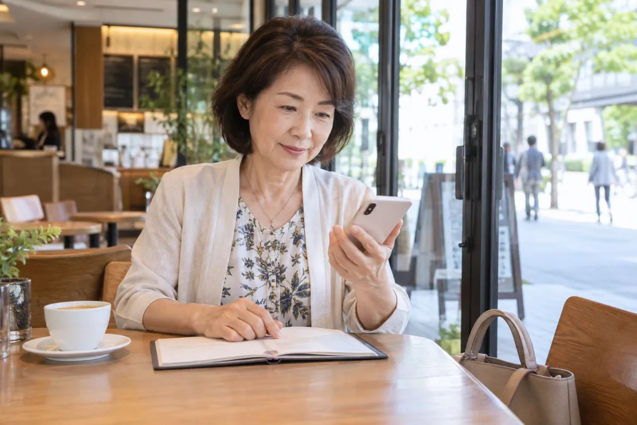 婚活サービスについて相談する60代の日本人女性と相談員