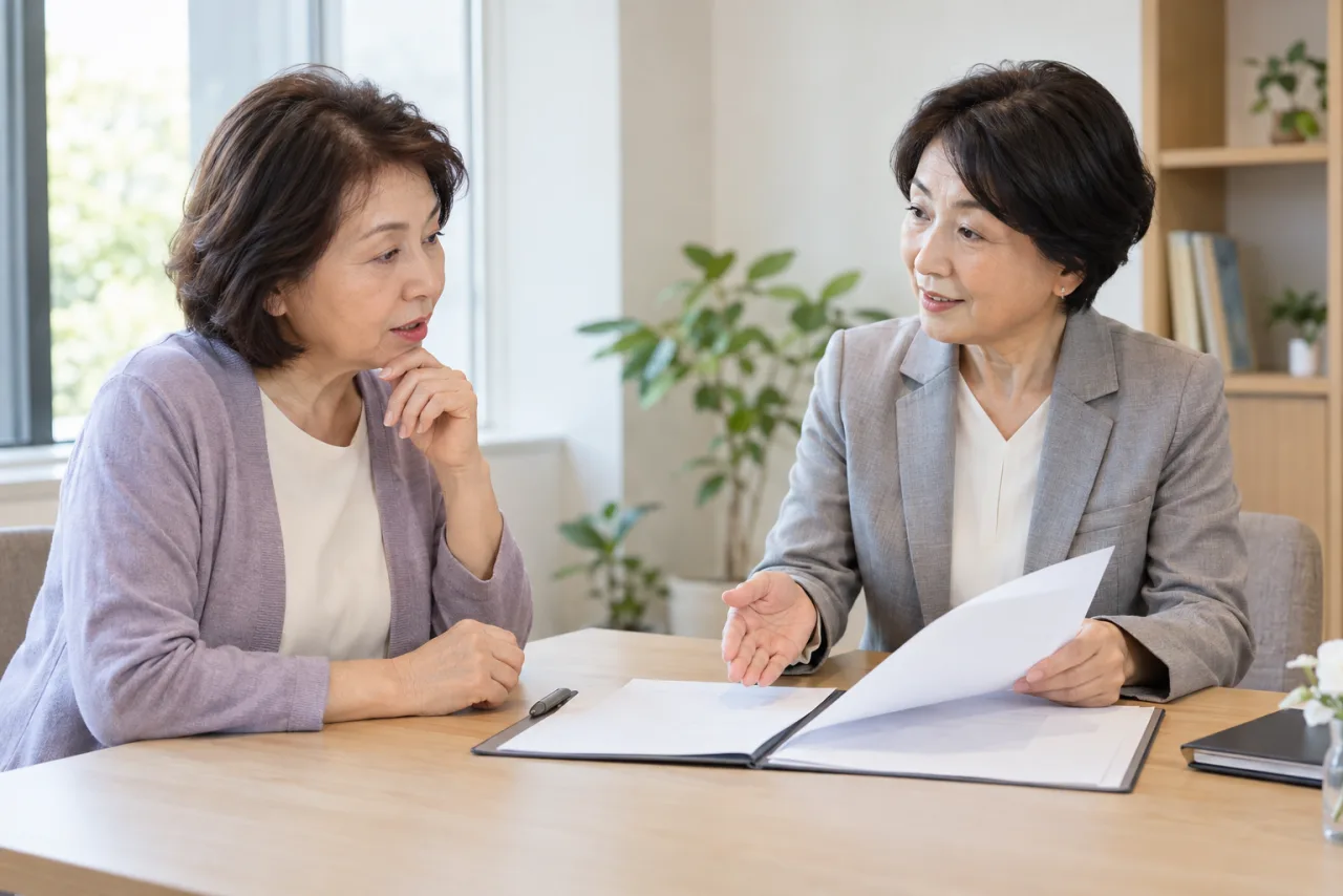 スマートフォンで婚活サービスの安全設定を確認する60代の日本人女性