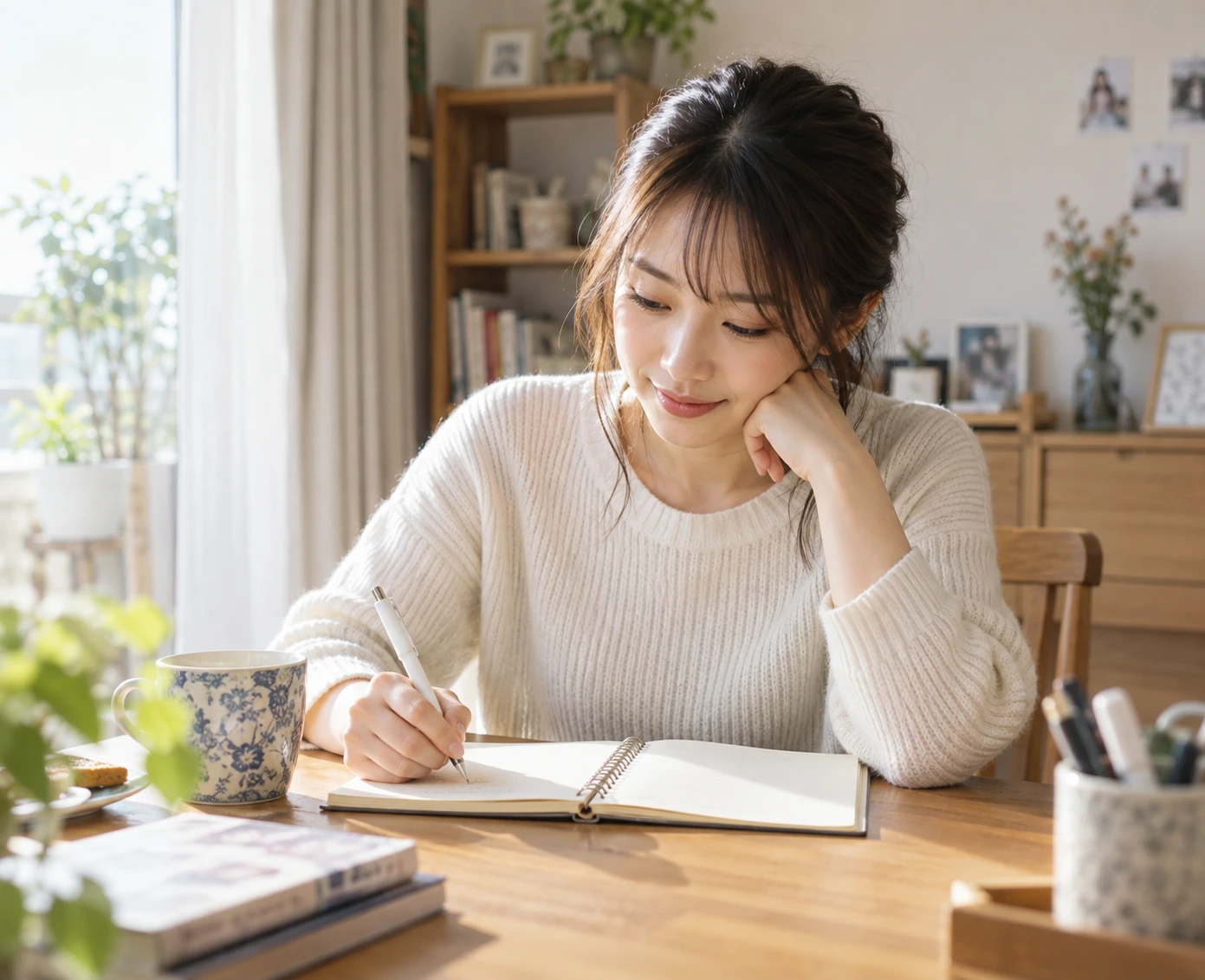日本人の20代女性が婚活の希望と不安をノートに整理する様子