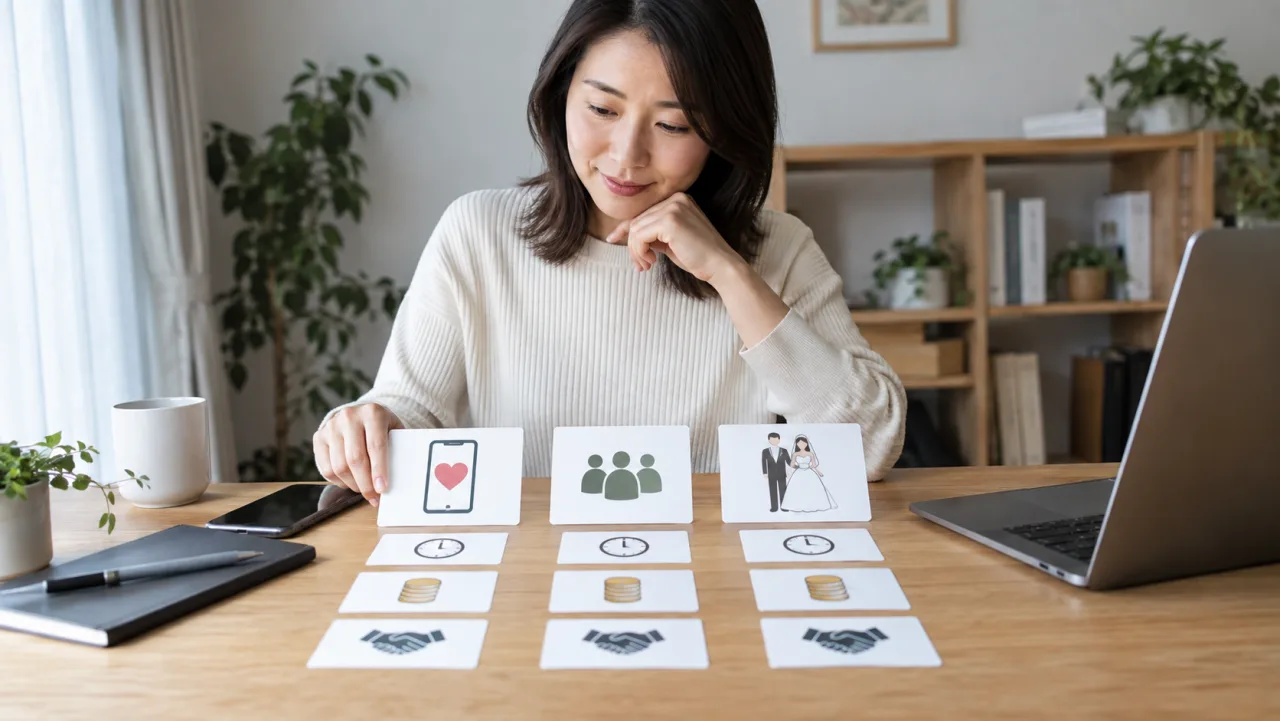 日本人男性が婚活で望む関係と時間をカードで整理している様子