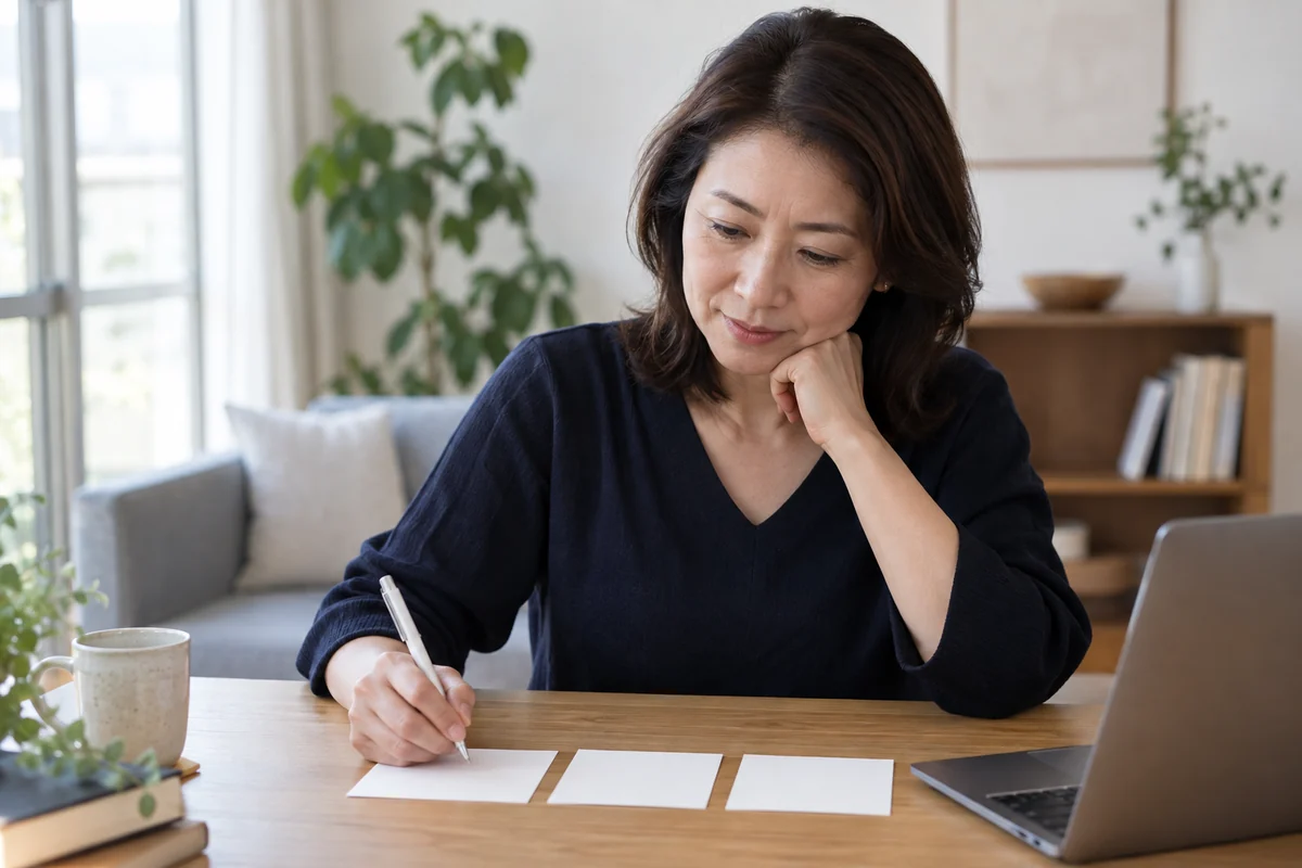 転職で譲れない条件を三つのカードに書き出す日本人女性の編集写真