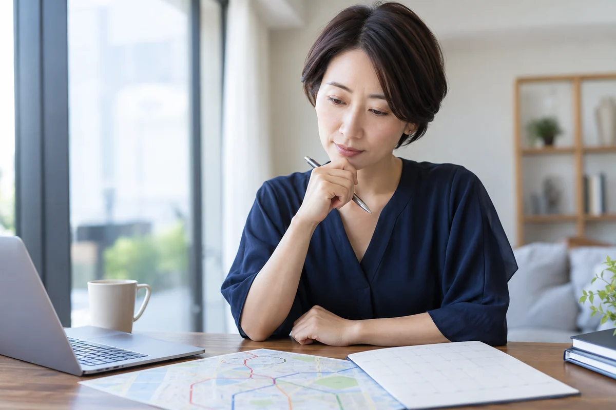 転職先の通勤時間と勤務時間を比較する日本人女性の編集写真