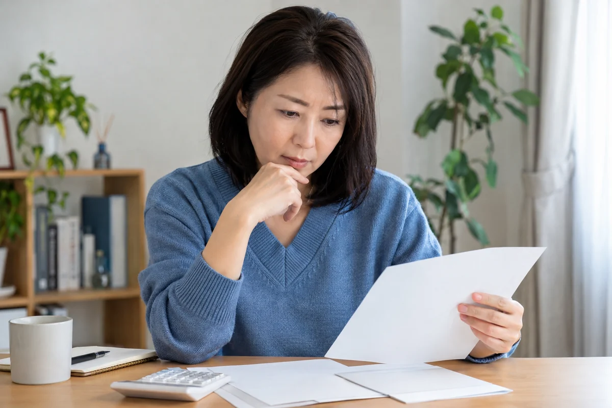 求人票の賃金と勤務条件を確認する日本人女性の編集写真