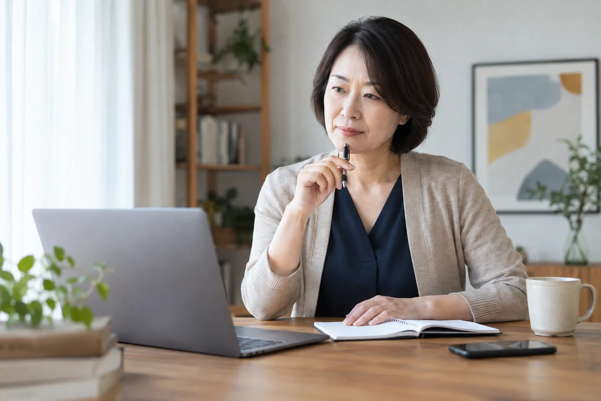 転職相談で確認する質問をノートに整理する日本人女性の編集写真