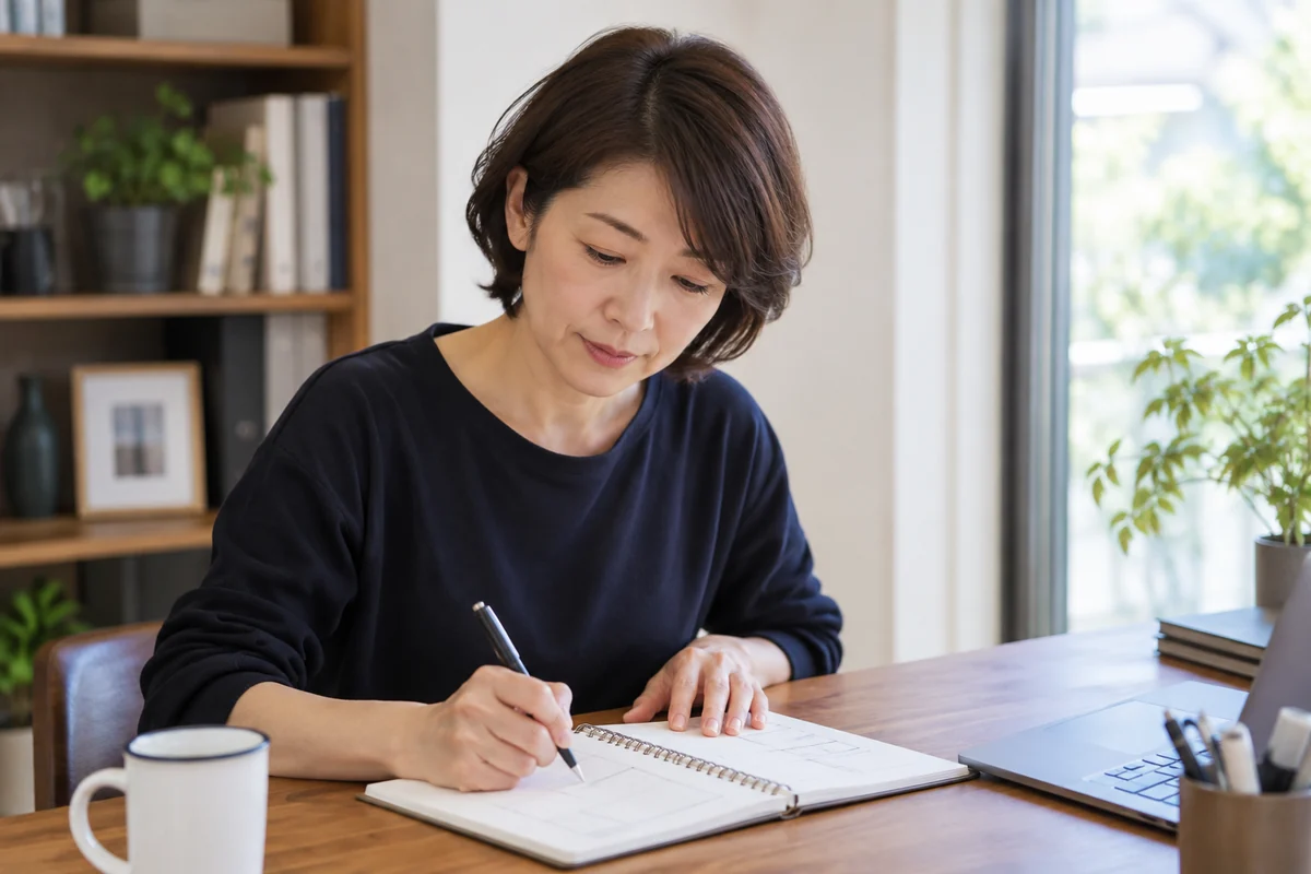 転職サイトを比較する一週間の行動計画を書く日本人女性の編集写真