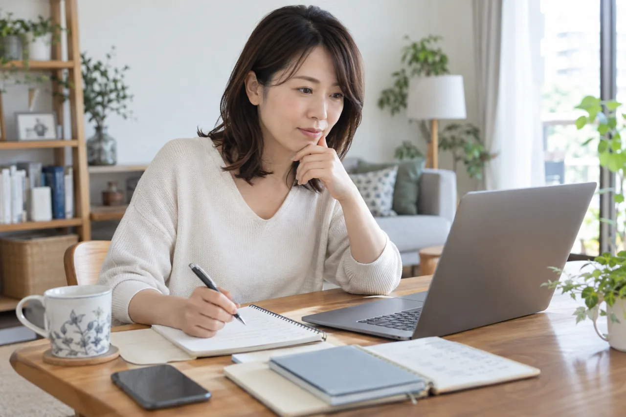 転職サイトを見ながら条件を整理する日本人女性