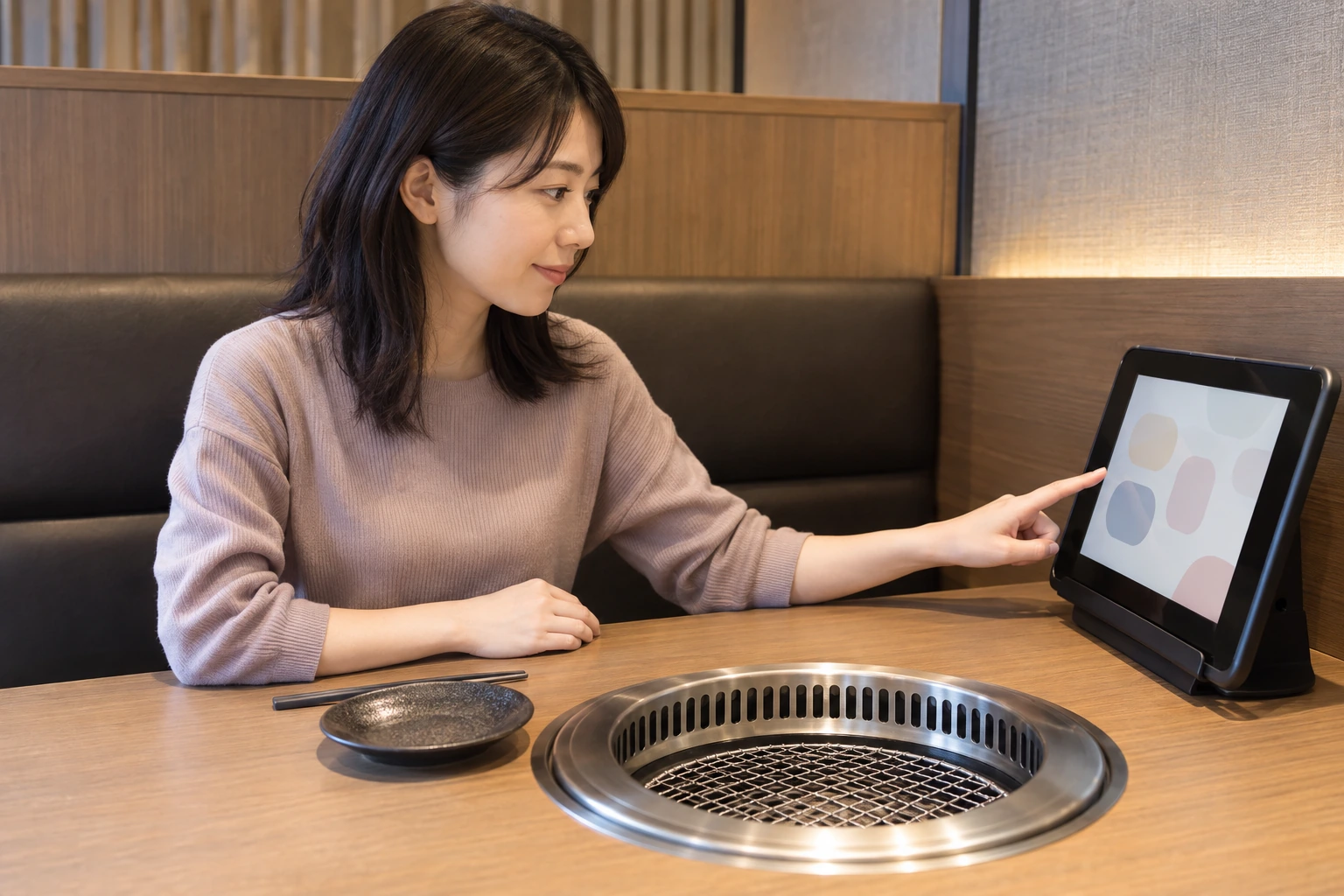 一人で席に着いた日本人女性が、焼肉食べ放題の注文端末の画面を確かめる編集イメージ