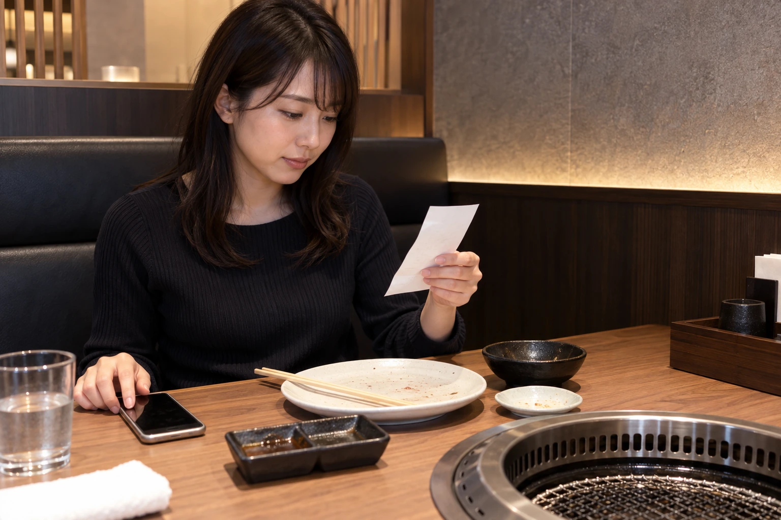 食事を終えた日本人女性が空いた焼肉テーブルで明細を確かめる編集イメージ