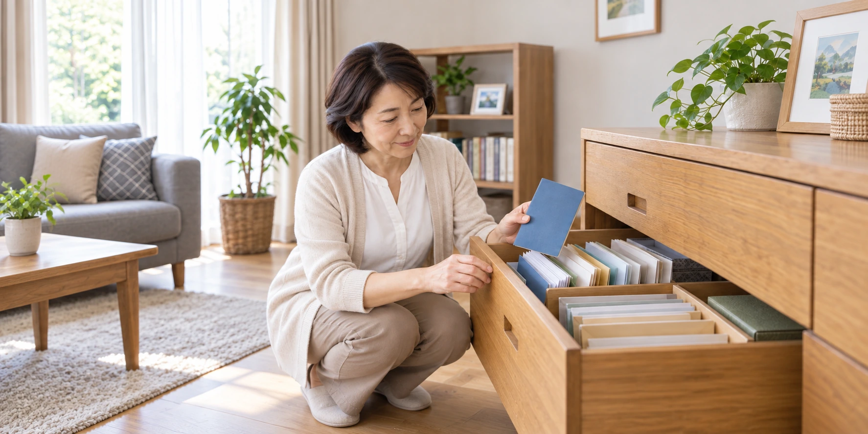 引き出しから年金関係の書類を取り出して確認する場面のAI生成イメージ