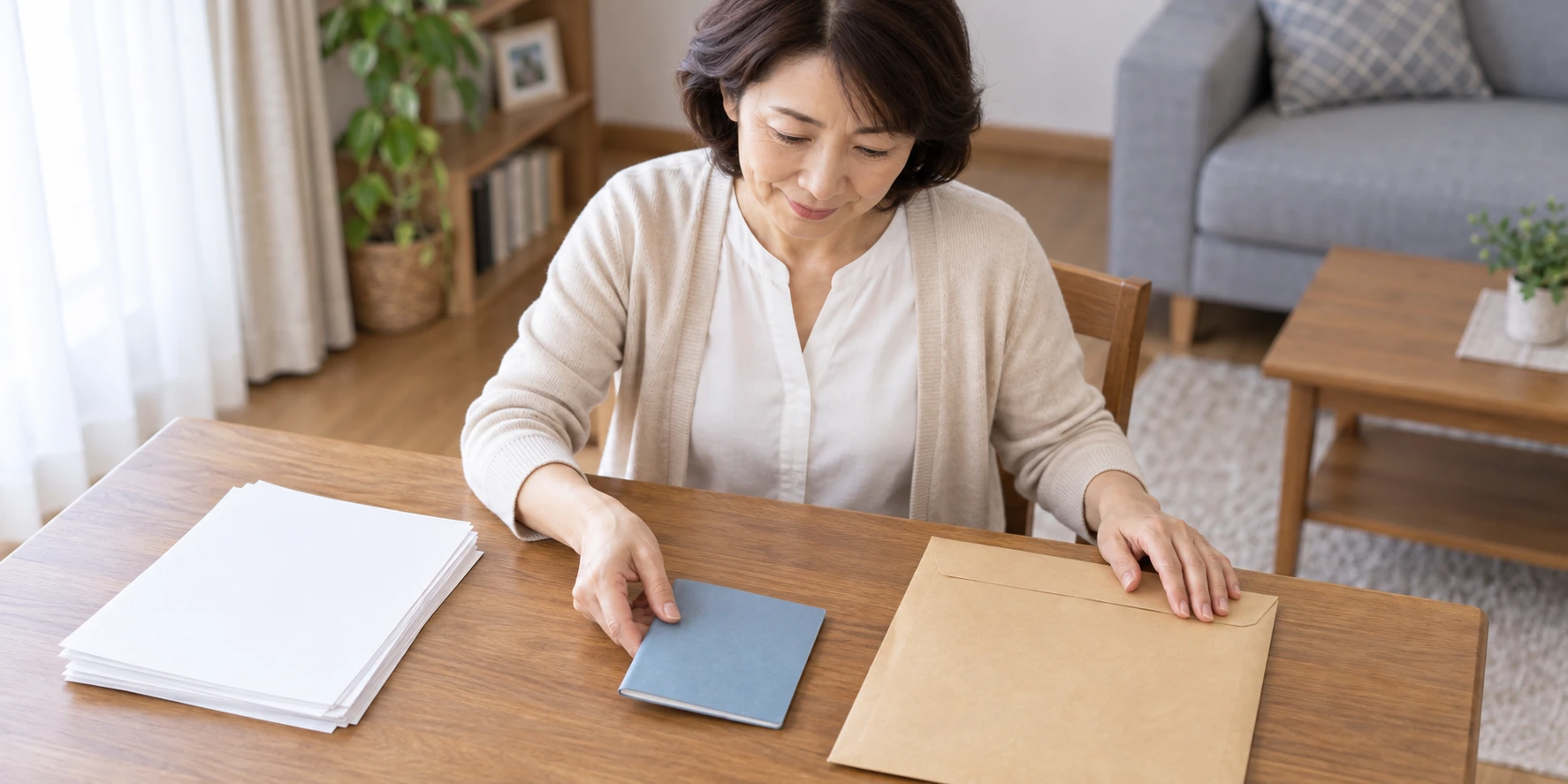 冊子と紙を机に分けて置く女性