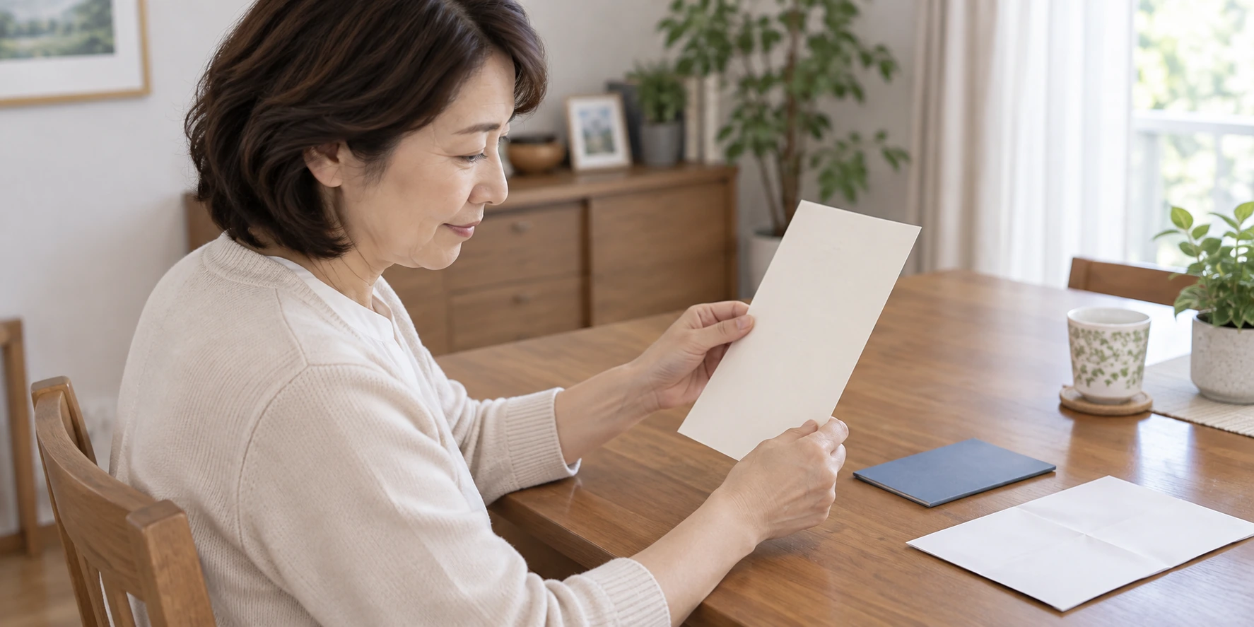 机で書類を見分ける女性