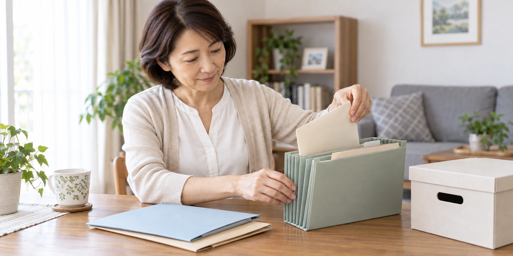 封筒をファイルへ入れる女性
