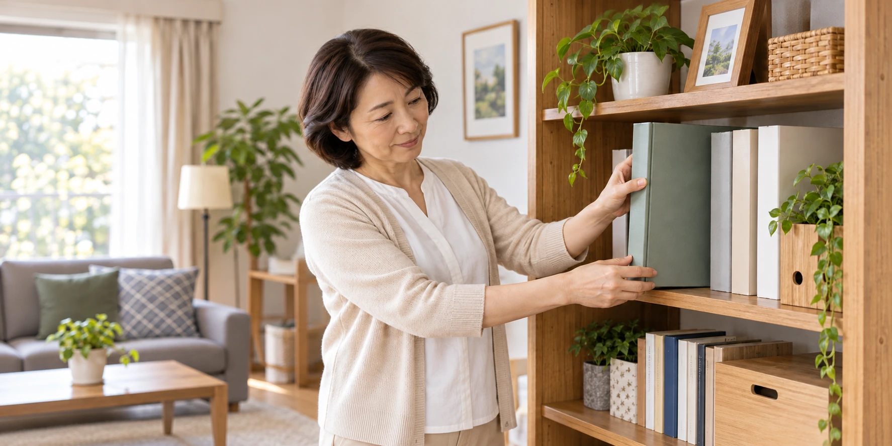 閉じたファイルを棚に戻す女性