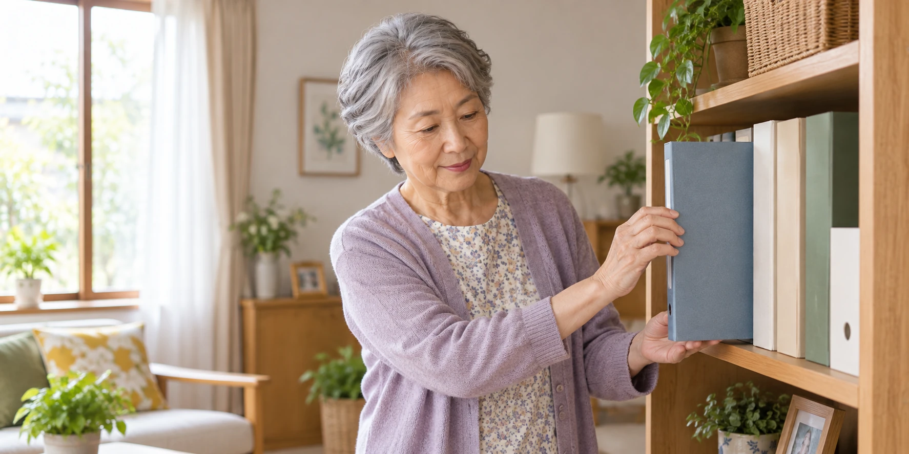 棚から青いファイルを取り出す女性