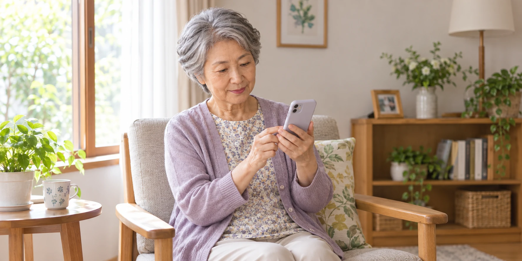 椅子に座り、画面を自分に向けたスマートフォンを見る女性