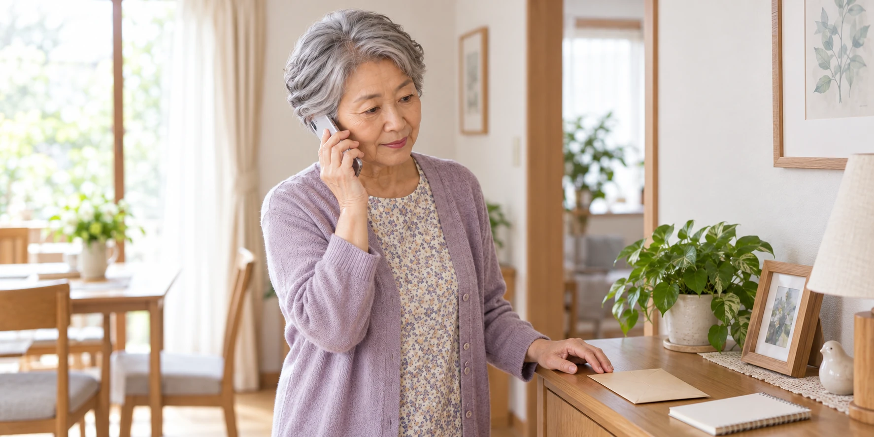 自宅でスマートフォンを耳に当てる女性