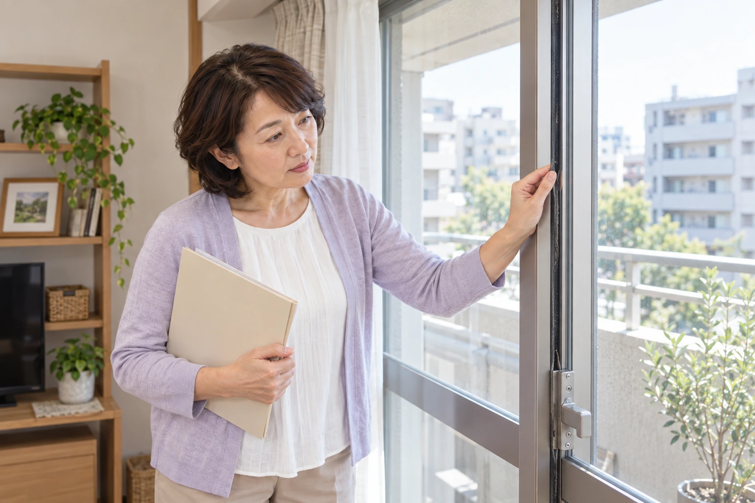 住まいの窓まわりを点検する直美さん