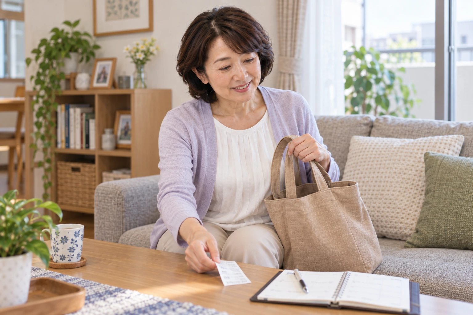 外出後に領収書を手帳の横へ置く直美さん