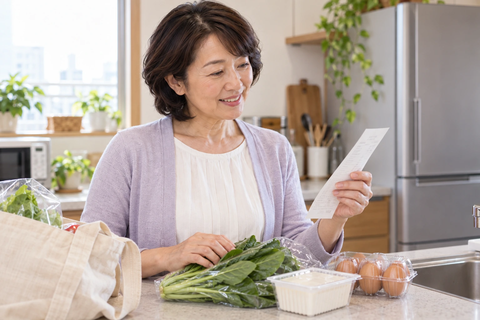 買い物の品とレシートを確認する直美さん